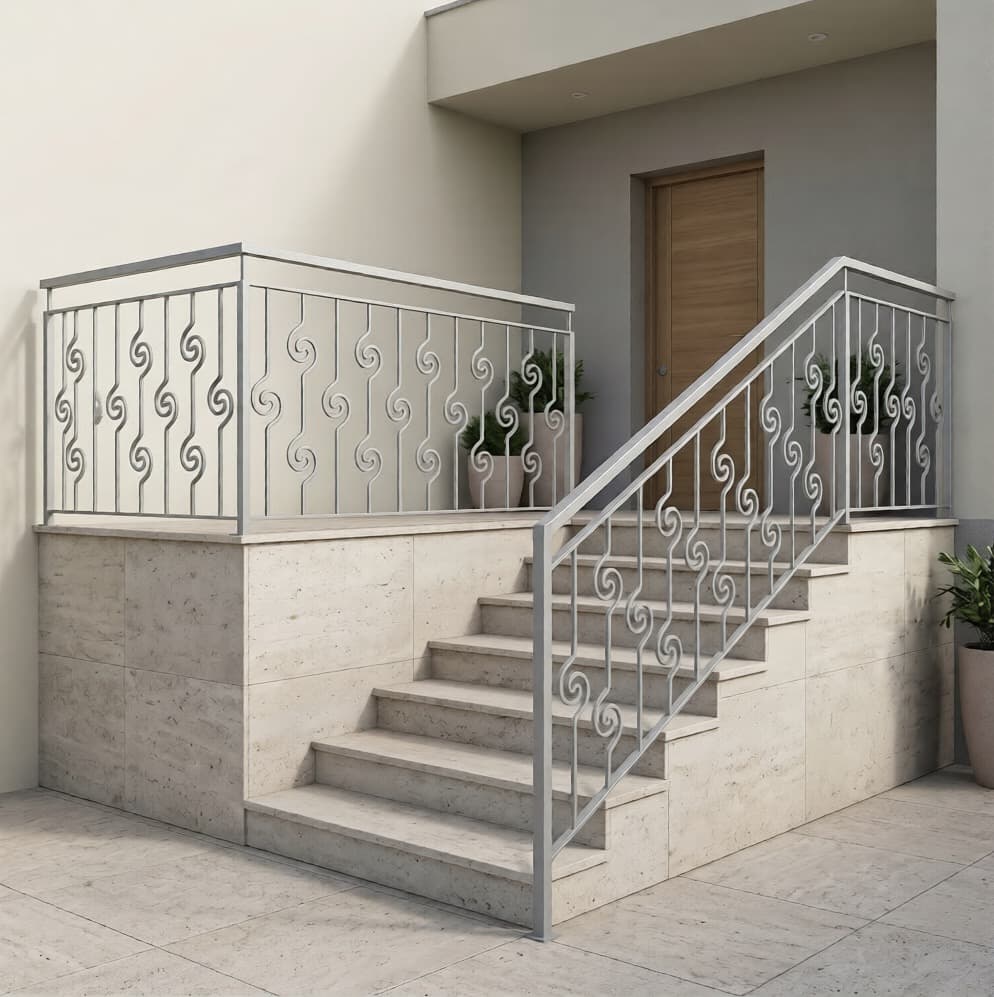 Barandillas de hierro blancas en escalera exterior de entrada a vivienda